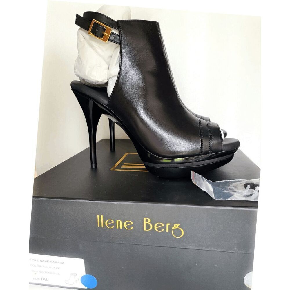 ILENE BERG Samara Black Leather Booties Comfortable High Heels SIZE 8 NEW IN BOX